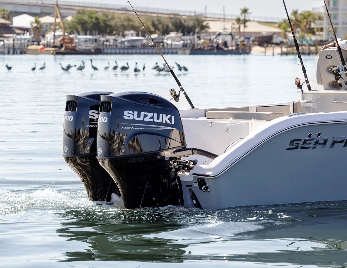 Suzuki DF series outboard motor on an inshore fishing boat.