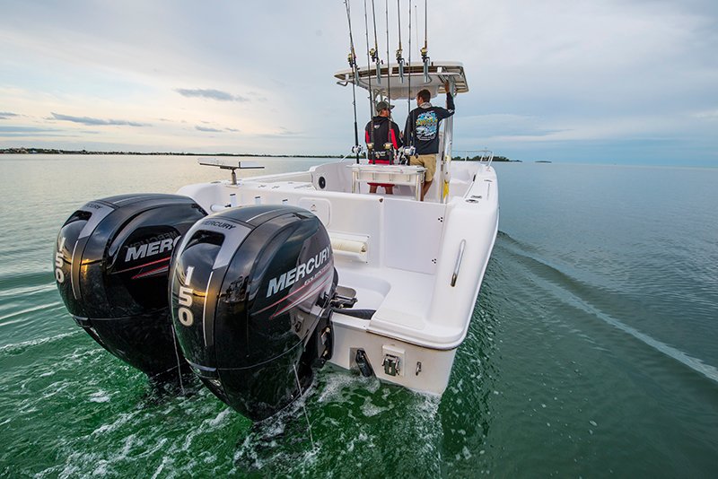 Mercury FourStroke outboard motor powering a recreational fishing boat.